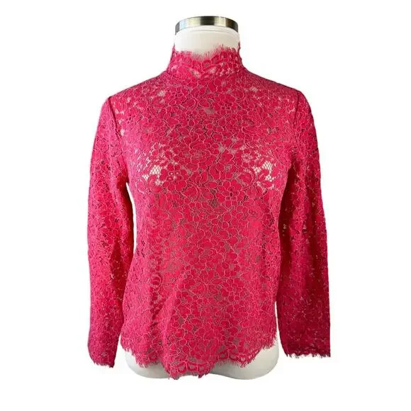 J. Crew Scalloped Lace Mock Neck Long Sleeve Sheer Top BN027 Pink Women's Size 6 - Picture 3 of 16